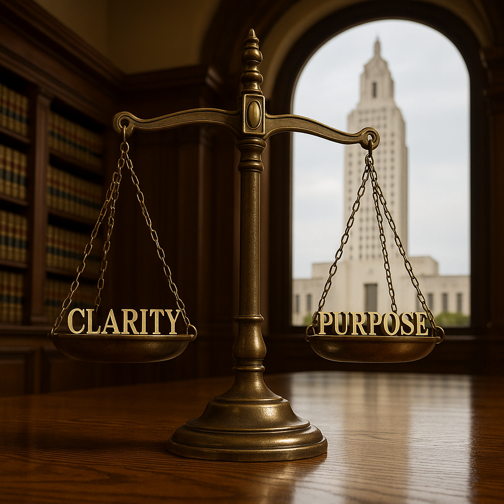 Bronze scales of justice engraved with the words Clarity and Purpose, balanced on a polished wooden desk inside a law library with the Louisiana State Capitol visible through an arched window.
