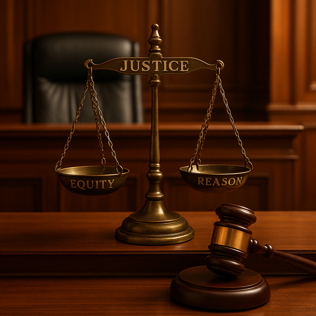 Bronze scales of justice labeled Justice, Equity, and Reason beside a wooden gavel on a judge’s bench in a traditional Louisiana courtroom, symbolizing fairness and judicial decision-making when the law is silent.